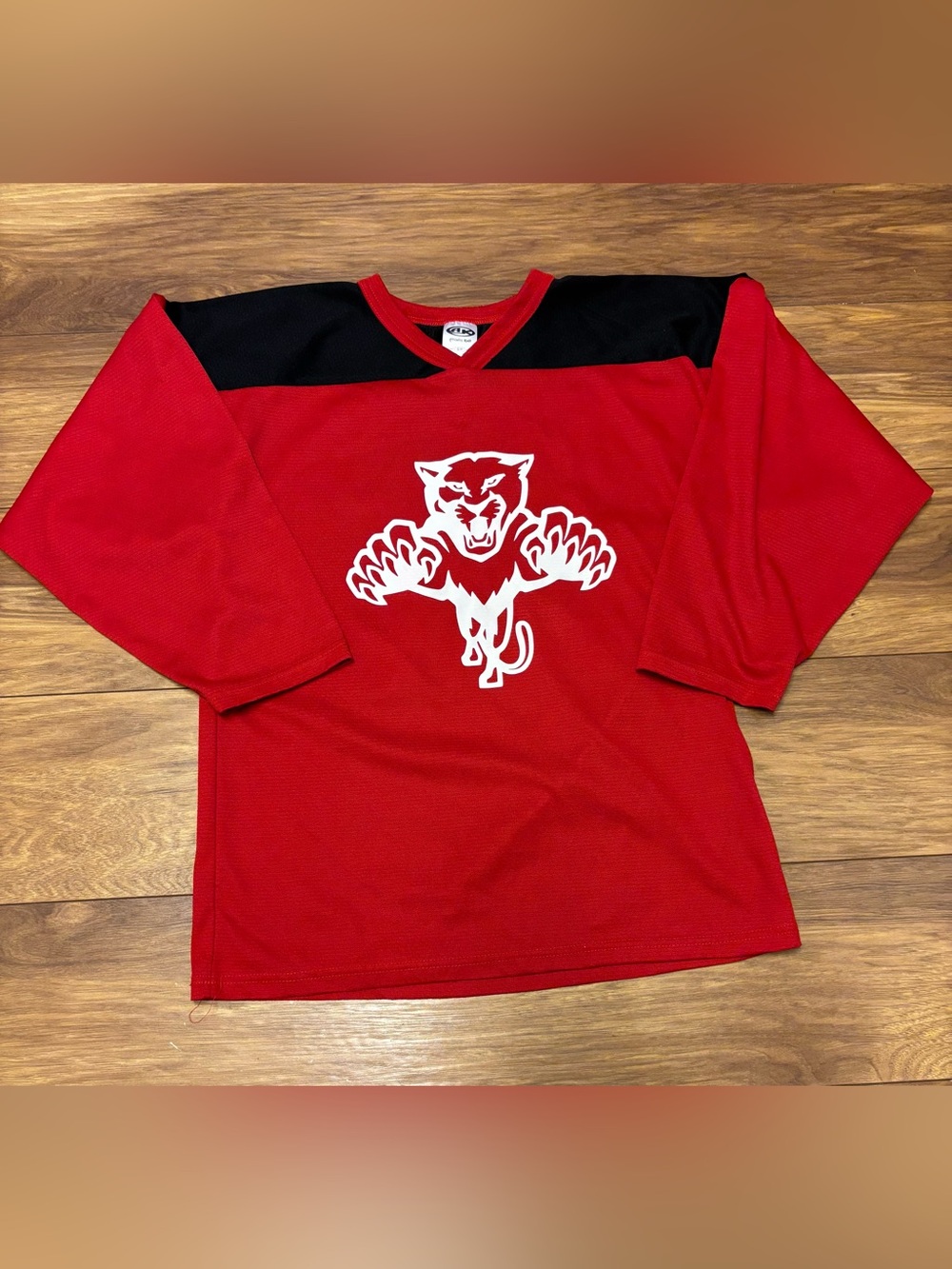 Red Kids Hockey-Style Long Sleeve Top with Panther Graphic